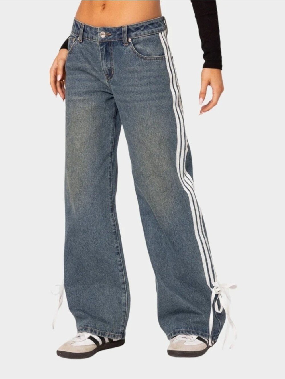 Eesome Women's Blue Wide-Leg Jeans with Side Stripe & Bow